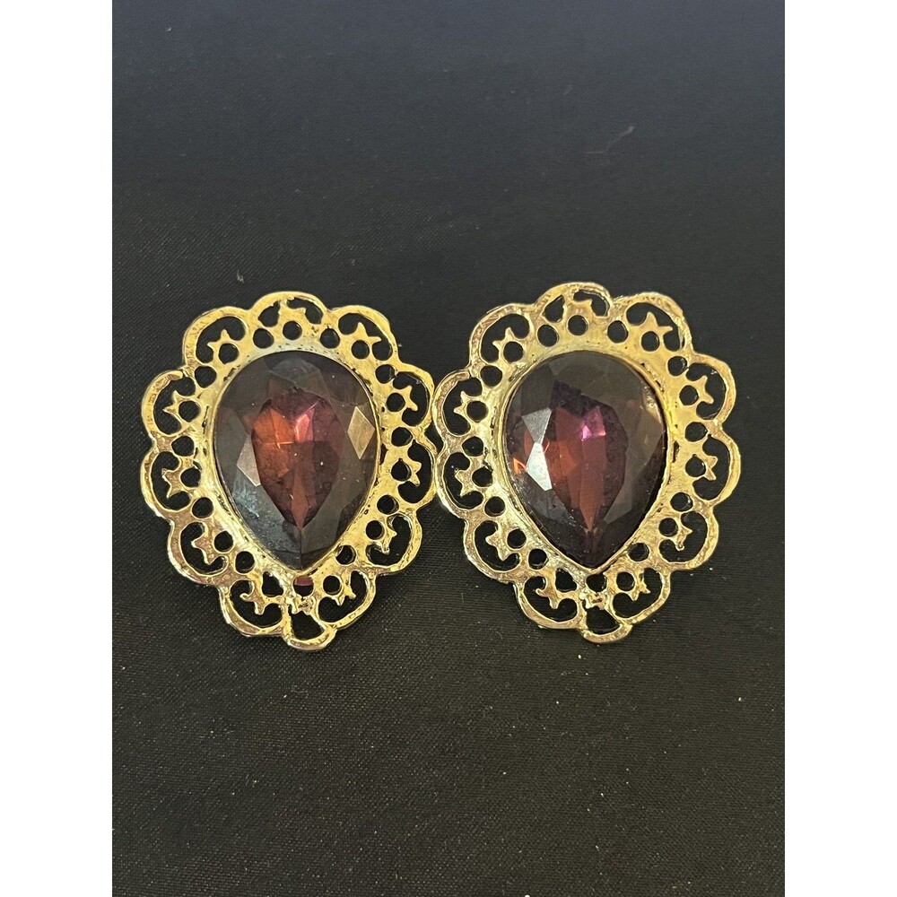 Vintage Gold Tone Clip-On Earrings with Purple Faceted Stones